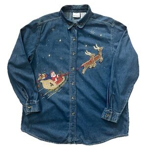 Christmas Denim Shirt Santa Sleigh Reindeer Embroidered | Bobbie Brooks L